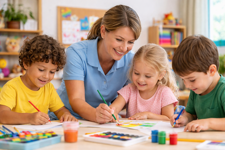 Kitahelferin malt mit Kinderm am Tisch
