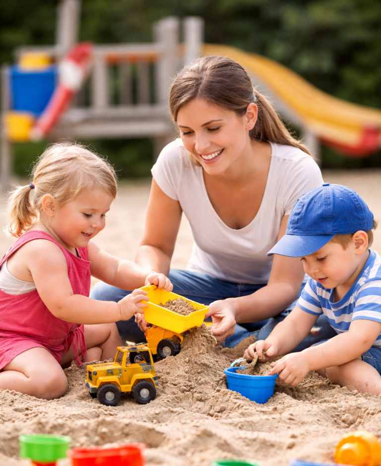 Kitahelferin spielt mit Kindern im Sandkasten