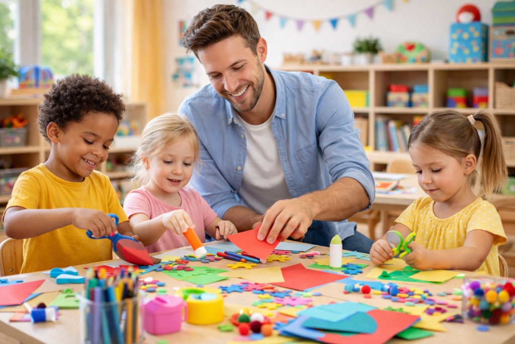 Kitahelfer bastelt mit Kindern am Tisch