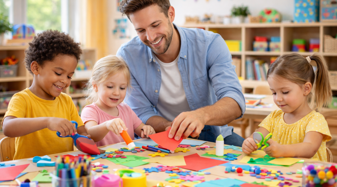 Kitahelfer bastelt mit Kindern am Tisch