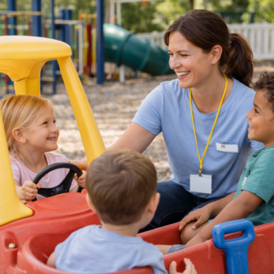 Kitahelferin spielt mit Kindern auf dem Spielplatz