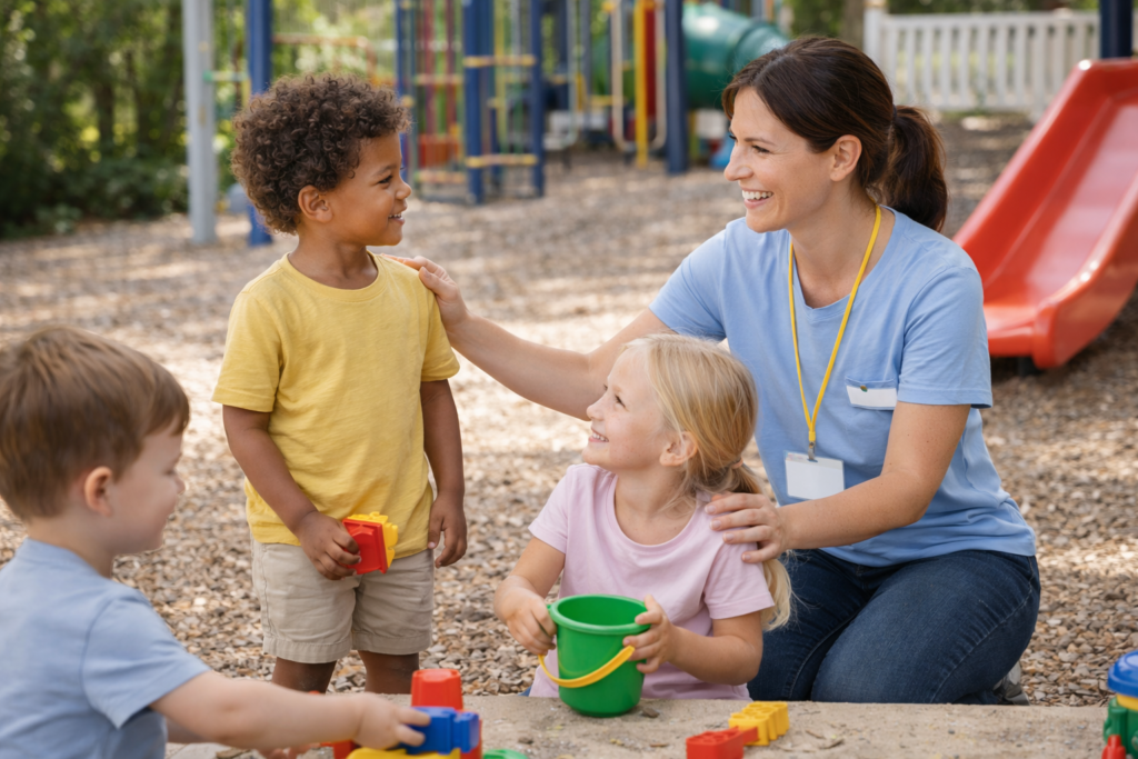 Kitahelferin spielt mit Kindern auf dem Spielplatz