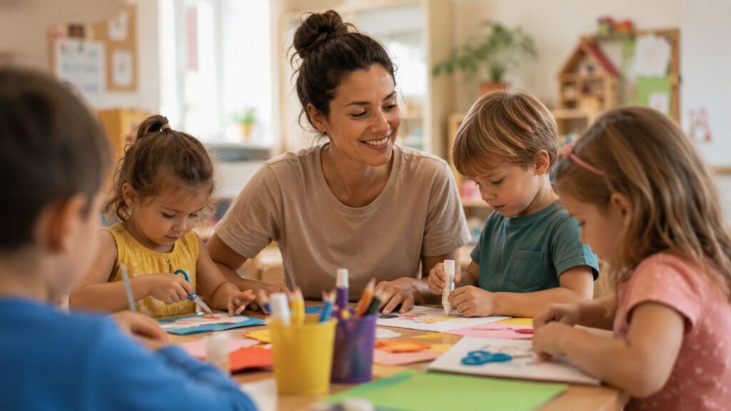 Kitahelferin bei der Arbeit mit Kindern