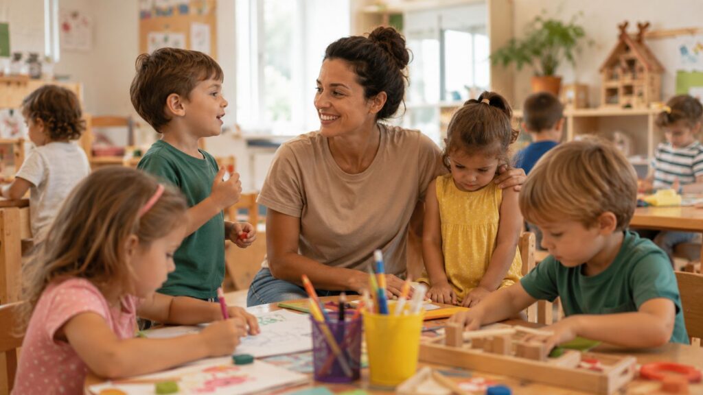 Kitahelferin betreut Kindergartenkinder beim Malen